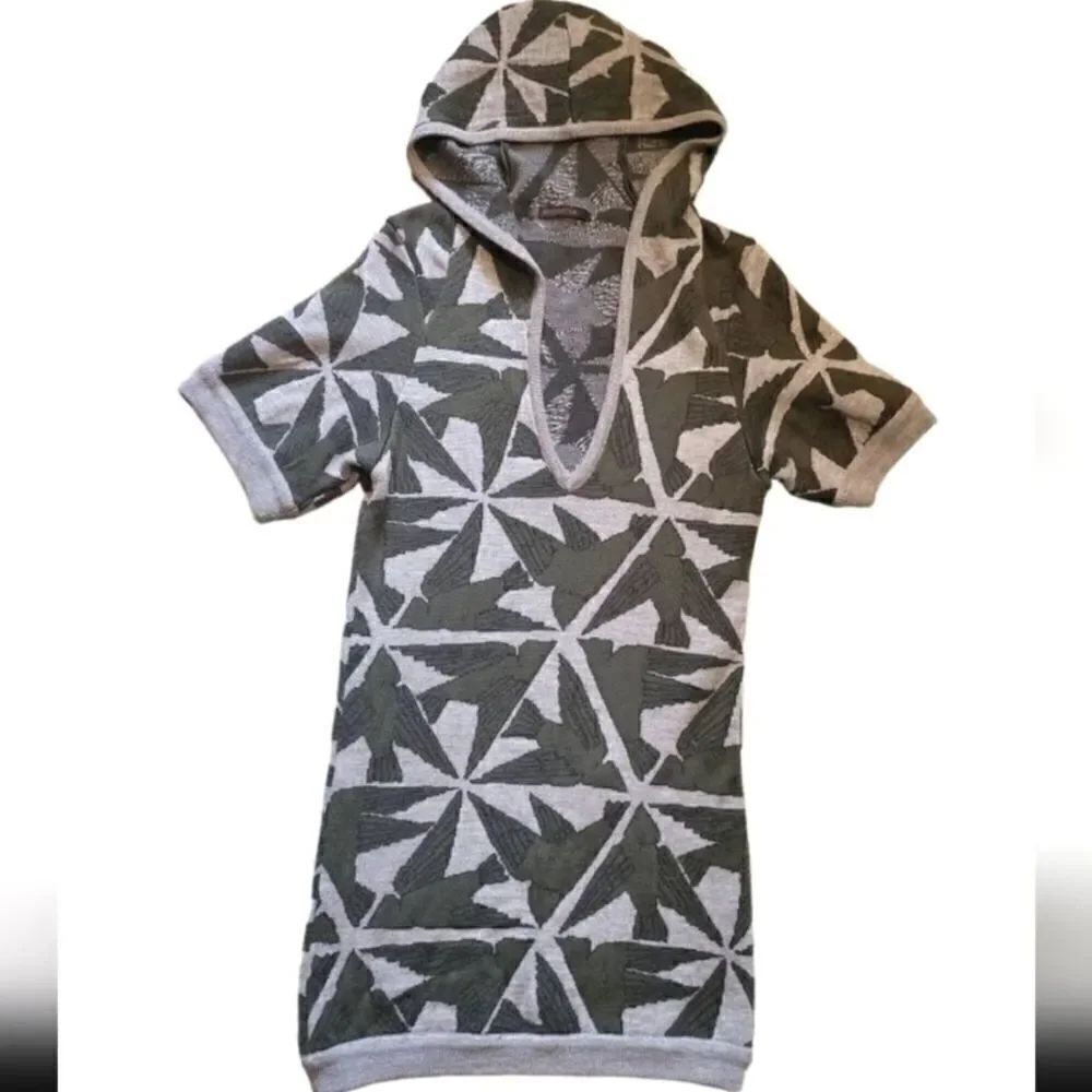 Emma Cook Designer Hooded Tunic Sweater Wool Bird Print Grey Women's Small